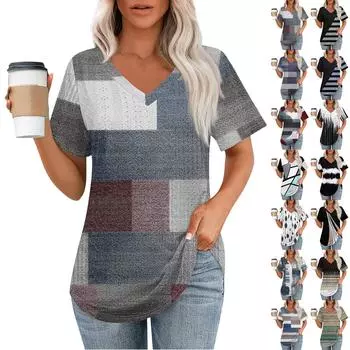 Женские футболки с V-образным вырезом и коротким рукавом, повседневные топы свободного кроя, базовые футболки с закругленным подолом L чёрный