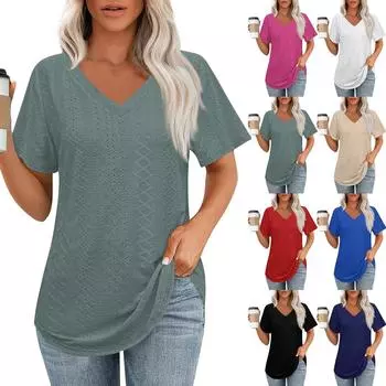 Женские футболки с V-образным вырезом и коротким рукавом, повседневные топы свободного кроя, базовые футболки с закругленным подолом XL
