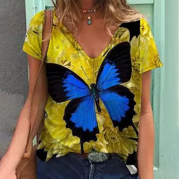 Женские футболки с V-образным вырезом и коротким рукавом с 3D-принтом и принтом бабочки, модные футболки больших размеров для женщин S