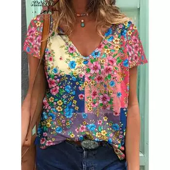 Женские футболки с V-образным вырезом и 3D-принтом, свободные футболки с коротким рукавом, летняя уличная мода, повседневная женская одежда больших размеров S