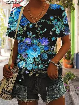 Женские футболки с V-образным вырезом и 3D-принтом, свободные футболки с коротким рукавом, летняя уличная мода, повседневная женская одежда больших размеров S
