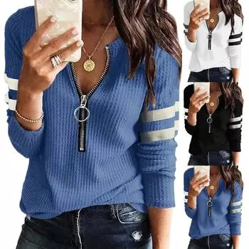 Женские футболки с V-образным вырезом и длинными рукавами на молнии, вязаные свободные туники, топы, женские футболки S чёрный