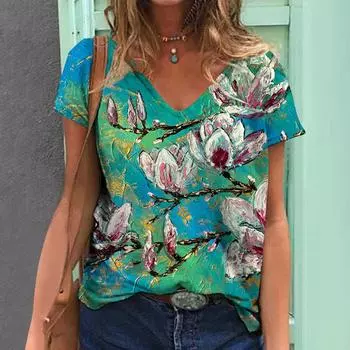 Женские футболки с v-образным вырезом, картина маслом, стильный принт, повседневный пуловер, свободная футболка с короткими рукавами, футболка большого размера, женская модная одежда S