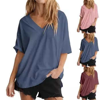 Женские футболки с V-образным вырезом, летние повседневные футболки с короткими рукавами, базовые свободные топы L чёрный