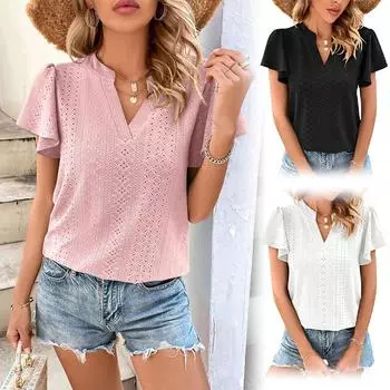 Женские футболки с v-образным вырезом, повседневные летние топы с короткими рукавами S чёрный