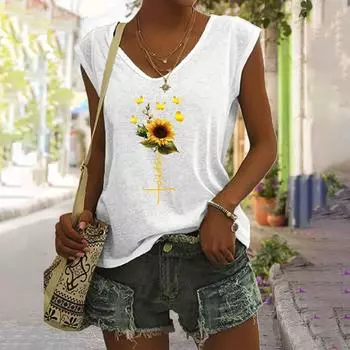 Женские футболки с V-образным вырезом, повседневные модные белые безрукавки с принтом 3D-подсолнухов, базовые топы, простые летние футболки, рубашки S