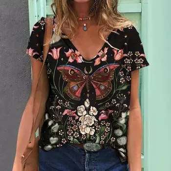 Женские футболки с v-образным вырезом, повседневный пуловер с принтом бабочки, свободные футболки с короткими рукавами, женская модная одежда 2024 S-4x 2XL