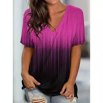 Женские футболки с V-образным вырезом, принтом Ombre 3D и короткими рукавами, удобные, эластичные, подходят для повседневной носки S