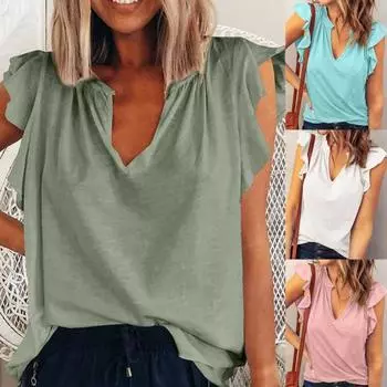 Женские футболки с v-образным вырезом, пуловер, однотонный повседневный топ с рюшами и рукавами для повседневной носки 3XL зелёный