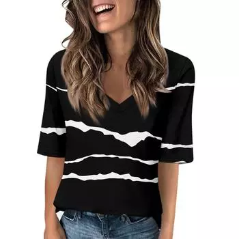 Женские футболки с V-образным вырезом, топы с половиной рукавов, повседневные летние футболки с принтом, футболка, блузка L чёрный