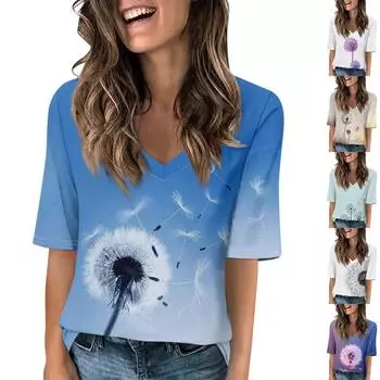 Женские футболки с V-образным вырезом, топы с половиной рукавов, повседневные летние футболки с принтом, футболка, блузка L синий