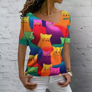Женские футболки с v-образным вырезом, топы с короткими рукавами и принтом милых котов, летние модные повседневные футболки Kawaii, уличная женская одежда 2XL