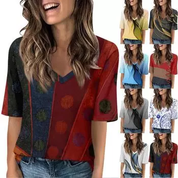 Женские футболки с V-образным вырезом, топы с половиной рукавов, повседневные летние футболки с принтом, футболка, блузка L чёрный