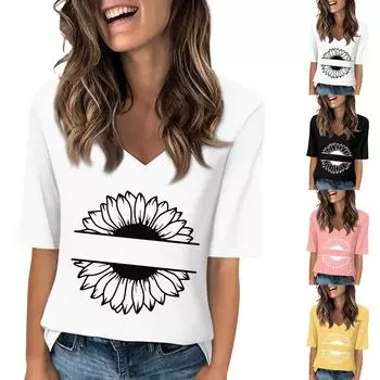 Женские футболки с V-образным вырезом, топы с половиной рукавов, повседневные летние футболки с принтом, футболка, блузка L чёрный