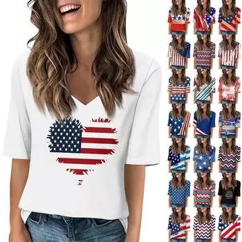 Женские футболки с v-образным вырезом, топы с половиной рукавов, повседневные летние футболки с принтом на День независимости, футболка, блузка L чёрный