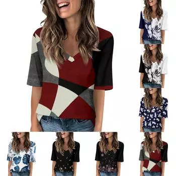 Женские футболки с V-образным вырезом, топы с половиной рукавов, повседневные летние футболки с принтом, футболка, блузка M белый