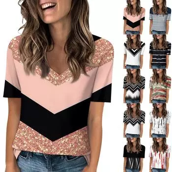 Женские футболки с v-образным вырезом, топы с короткими рукавами, модные повседневные футболки с принтом L чёрный