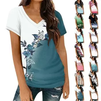 Женские футболки с v-образным вырезом, топы с короткими рукавами, модные повседневные футболки с принтом L чёрный