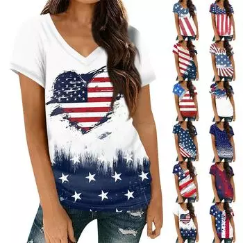 Женские футболки с v-образным вырезом, топы с короткими рукавами, модные повседневные футболки с принтом ко Дню независимости L синий