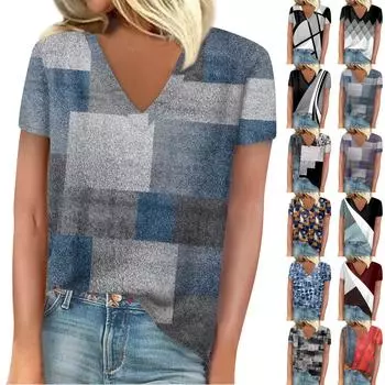 Женские футболки с v-образным вырезом, топы с короткими рукавами, модные повседневные футболки с принтом L чёрный