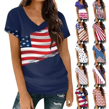 Женские футболки с v-образным вырезом, топы с короткими рукавами, модные повседневные футболки с принтом ко Дню независимости L синий