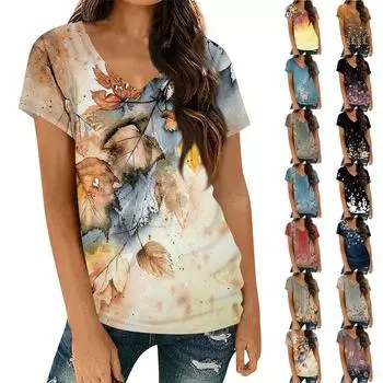 Женские футболки с v-образным вырезом, топы с короткими рукавами, модные повседневные футболки с принтом L
