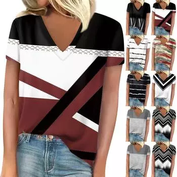 Женские футболки с v-образным вырезом, топы с короткими рукавами, модные повседневные футболки с принтом L чёрный