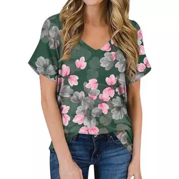 Женские футболки с V-образным вырезом, топы с коротким рукавом, модные повседневные футболки с 3D-принтом, футболки XL