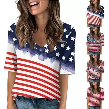 Женские футболки с V-образным вырезом, топы с половиной рукавов, повседневные летние футболки с принтом, футболка, блузка S
