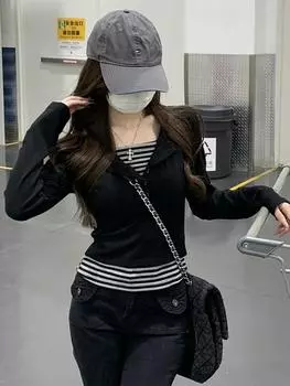 Женские футболки с v-образным вырезом в полоску, весенние поддельные две штуки с длинными рукавами, простая женская тонкая блузка S чёрный