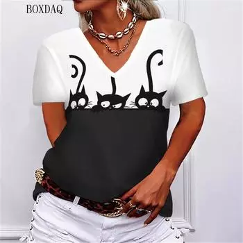 Женские футболки с забавным котом, летние, с короткими рукавами, с мультяшным 3D принтом животных, уличные женские футболки, свободные повседневные женские топы S