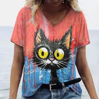 Женские футболки с забавным принтом кота, топ, короткий пуловер с рукавами, модная повседневная футболка большого размера с v-образным вырезом, женская летняя одежда 2024 M
