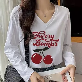 Женские футболки с заманчивым принтом вишни, женские топы, длинные рукава, V-образный вырез, пуловер, женские футболки, футболка для женщин XS белый