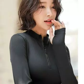 Женские футболки с застежкой-молнией на половину длины Футболки для йоги с длинным рукавом Футболки для велоспорта на открытом воздухе Повседневные топы Однотонные женские повседневные футболки для бега и спортзала Спортивные футболки для девочек S чёрный