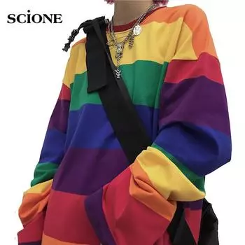 Женские футболки Scione в радужную полоску Harajuku, женские топы с длинными рукавами, повседневные футболки оверсайз с круглым вырезом M