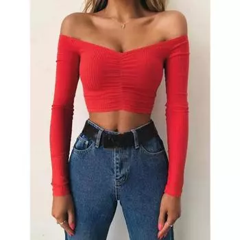 Женские футболки, сексуальная и клубная модная женская футболка с длинными рукавами и открытыми плечами, однотонная женская футболка, осенние базовые футболки S чёрный