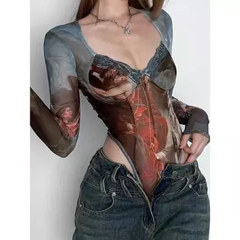 Женские футболки, сексуальные сетчатые боди, женские милые винтажные топы с длинными рукавами с бантом, женская модная футболка с квадратным вырезом для пикантных девушек S серый