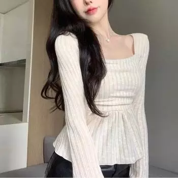 Женские футболки со складками, элегантные, стильные, повседневные, базовые, винтажные, универсальные, для творчества, милые, милые, в корейском стиле, женские изящные, очаровательные S абрикосовый