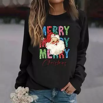 Женские футболки, свободные, модные и повседневные толстовки с круглым вырезом и длинными рукавами с рождественским принтом L чёрный