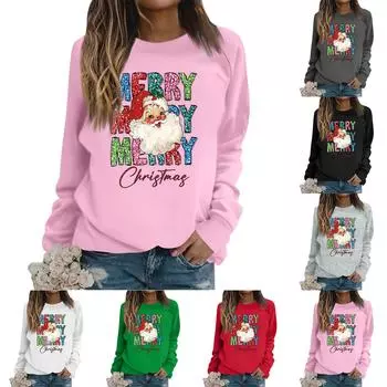 Женские футболки, свободные, модные и повседневные толстовки с круглым вырезом и длинными рукавами с рождественским принтом S