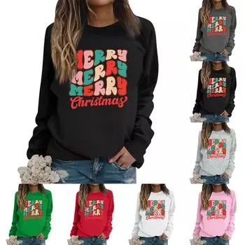 Женские футболки, свободные, модные и повседневные толстовки с круглым вырезом и длинными рукавами с рождественским принтом XL чёрный