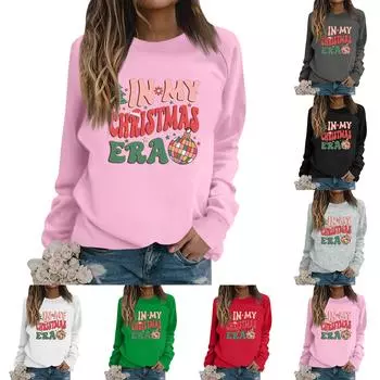 Женские футболки, свободные, модные и повседневные толстовки с круглым вырезом и длинными рукавами с рождественским принтом XL зелёный