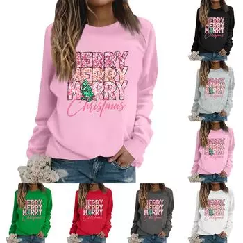 Женские футболки, свободные, модные и повседневные толстовки с круглым вырезом и длинными рукавами с рождественским принтом S