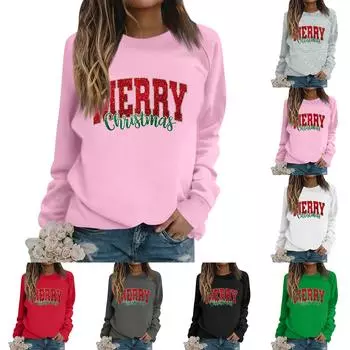 Женские футболки, свободные, модные и повседневные толстовки с круглым вырезом и длинными рукавами с рождественским принтом M зелёный