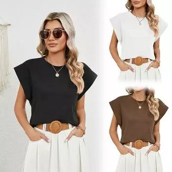 Женские футболки, свободные повседневные летние топы с круглым вырезом и заниженными рукавами M