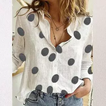 Женские футболки, топы, повседневные льняные рубашки с длинными рукавами и принтом в горошек для женщин, блузка S