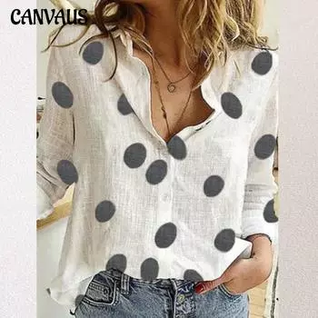 Женские футболки, топы, повседневные льняные рубашки с длинными рукавами и принтом в горошек для женщин, блузка 5XL