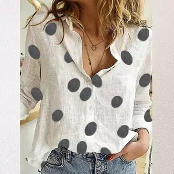 Женские футболки, топы, повседневные льняные рубашки с длинными рукавами и принтом в горошек для женщин, блузка 5XL