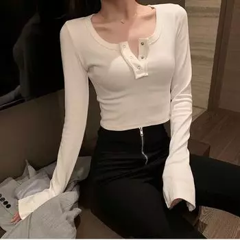 Женские футболки, топы с длинными рукавами, квадратные воротники, простые футболки для отдыха для девочек, топы для клубных вечеринок S
