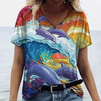 Женские футболки, топы с принтом дельфина, модная женская винтажная одежда с v-образным вырезом, Эстетические футболки, свободные большие забавные футболки S